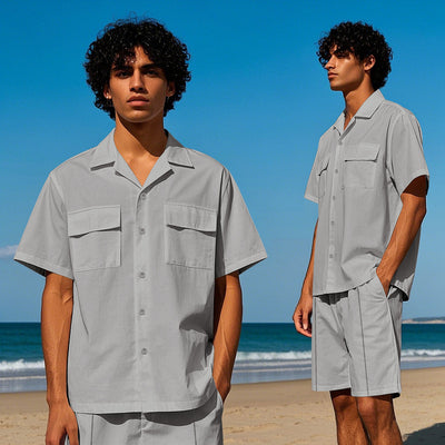 Men’s Shirt and Shorts Set – Relaxed Fit – Button-Down Top – Drawstring Waist – Breathable Blend