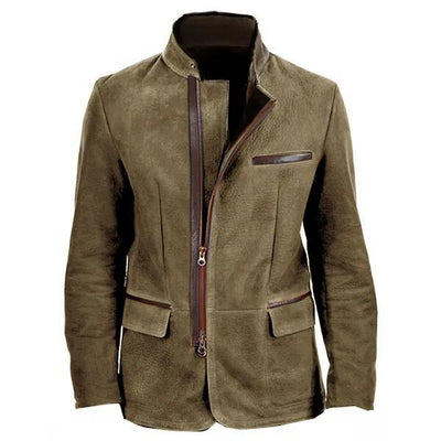 Men’s Suede Jacket – Slim Fit – Stand Collar – Zipper Front – Multi Pocket Design