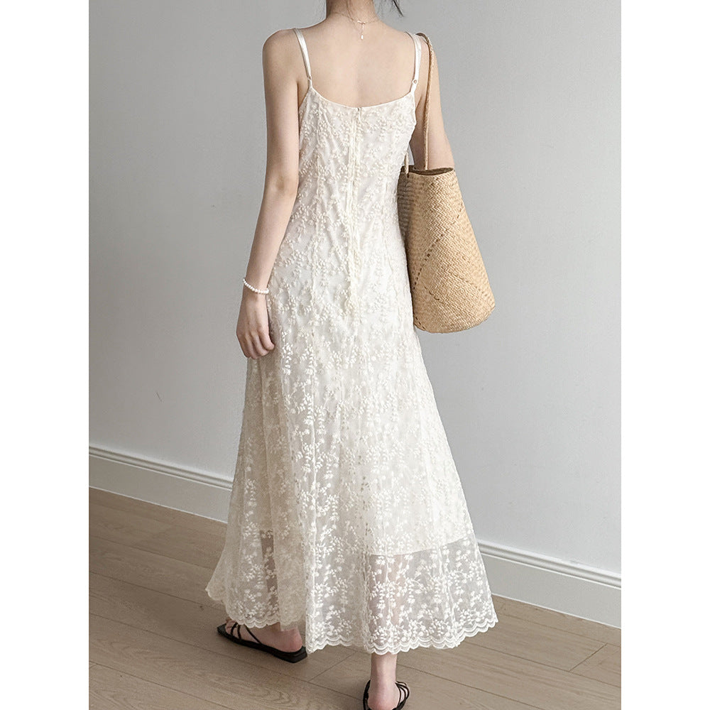 Women’s Maxi Dress – Slim Fit – Lace Embroidered – Spaghetti Straps – V-Neckline