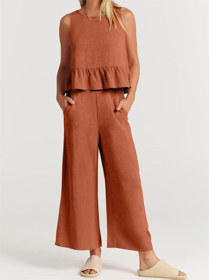 Women’s Peplum Top – Lightweight Cotton Blend – Relaxed Fit – Sleeveless Rounded Neckline