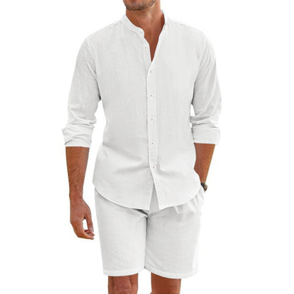 Men’s Two-Piece Set – Linen Blend – Relaxed Fit – Button-Up Shirt & Mid-Thigh Shorts