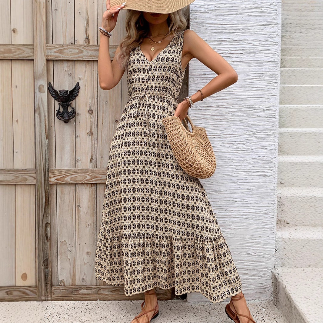 Women’s Midi Dress – Sleeveless – V-Neck – Bohemian Print – Tie Waist – Flowy Fit