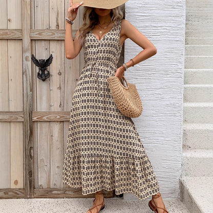 Women’s Midi Dress – Sleeveless – V-Neck – Bohemian Print – Tie Waist – Flowy Fit