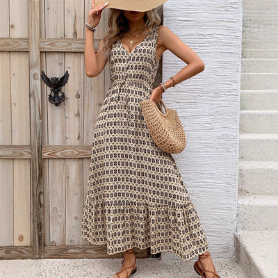 Women’s Midi Dress – Sleeveless – V-Neck – Bohemian Print – Tie Waist – Flowy Fit