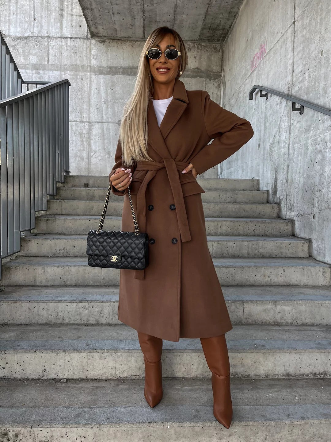 Women’s Wool Coat – Tailored Fit – Belted Waist – Lapel Collar – Full Length – Button Front