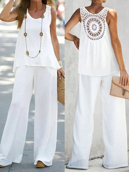 Women’s Two-Piece Set – Linen Blend – Sleeveless Crochet Top – High Waist Wide-Leg Trousers