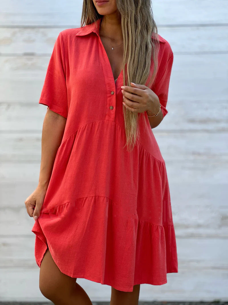 Women’s Mini Dress – Relaxed Fit – Short Sleeve – Collared – Tiered Natural Fibers