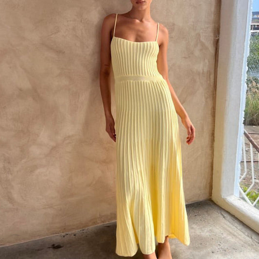 Women’s Maxi Dress – Knit Fabric – Slim Fit – Pleated Skirt – Spaghetti Straps