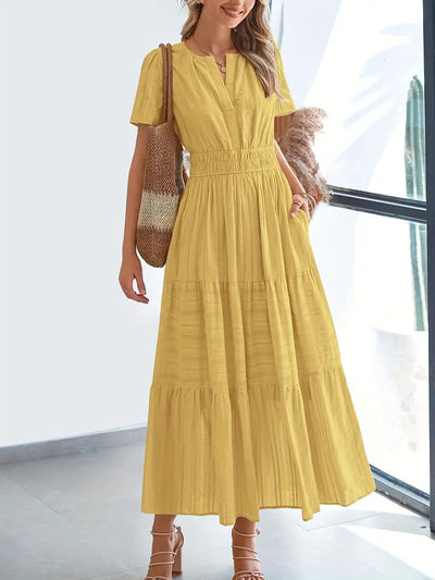 Women’s Maxi Dress – V-Neck – Puff Sleeve – Ruched Waist – Tiered A-Line Fit