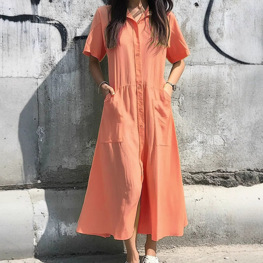 Women’s Shirt Dress – Relaxed Fit – Button-Down Front – Midi Length