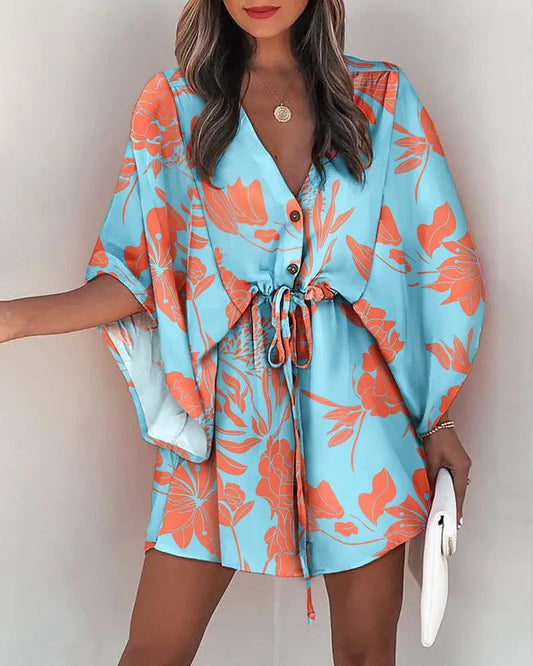 Women’s Mini Dress – V-Neck – Lace-Up Waist – Flutter Sleeve – Flowy Fit