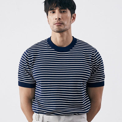 Men’s Knit T-Shirt – Slim Fit – Horizontal Stripe – Ribbed Cuffs – Cotton Blend