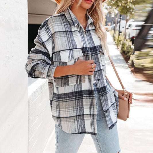 Women’s Shirt Jacket – Oversized Fit – Plaid Pattern – Cotton Blend – Button Front