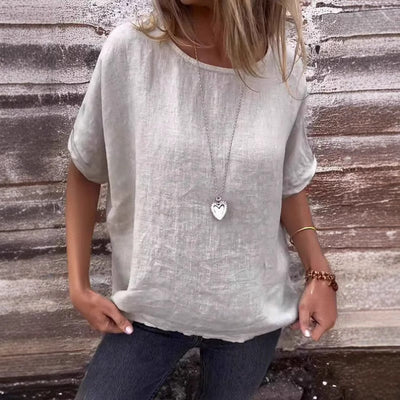 Women’s T-Shirt – Linen Blend – Loose Fit – Short Sleeve – Curved Hem Casual Style