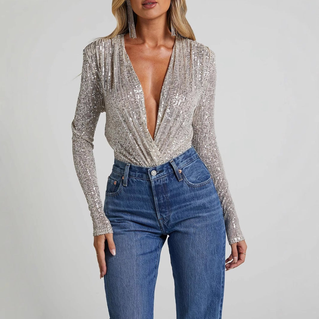 Women’s Bodysuit – Slim Fit – Deep V-Neck – Long Sleeve – Sequin Partywear