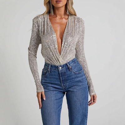 Women’s Bodysuit – Slim Fit – Deep V-Neck – Long Sleeve – Sequin Partywear