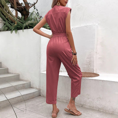 Women’s Sleeveless Jumpsuit – V-Neck – Tie Waist – Button Front – Ankle Length
