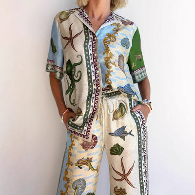 Women’s Shirt and Pants Set – Linen Blend – Relaxed Fit – Wide Leg – Marine Print