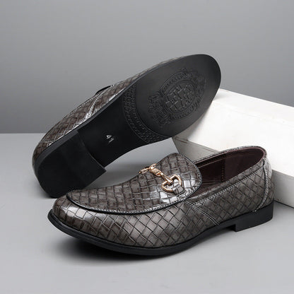 Men’s Loafers – Leather-Like Finish – Woven Texture – Slip-On – Metal Bit Detail
