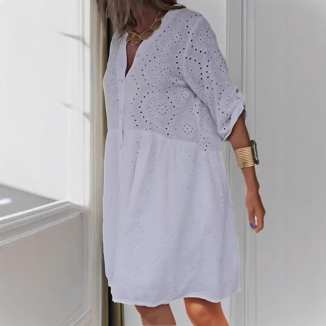 Women’s Midi Dress – Lace Eyelet – A-Line Fit – V-Neck – Button Front – Pockets
