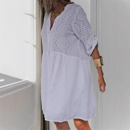 Women’s Midi Dress – Lace Eyelet – A-Line Fit – V-Neck – Button Front – Pockets