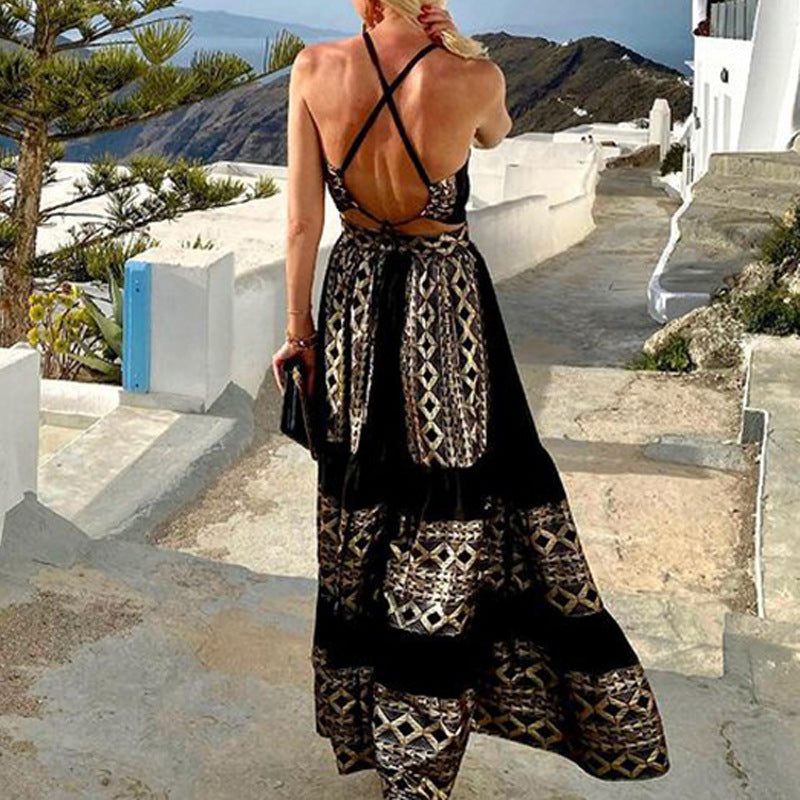 Women’s Maxi Dress – Halter Neck - Bohemian Style – Geometric Print – Breathable Blend