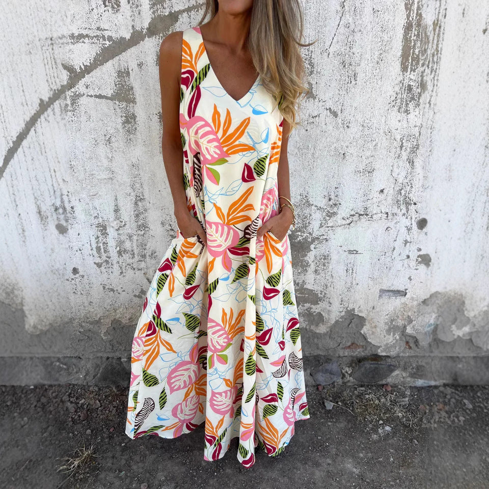 Women’s Maxi Dress – Tropical Print – Sleeveless A-Line – V-Neck Breathable Blend