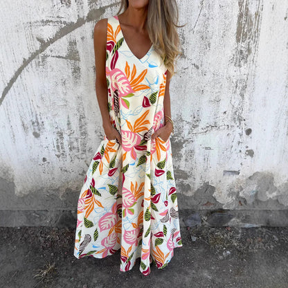 Women’s Maxi Dress – Tropical Print – Sleeveless A-Line – V-Neck Breathable Blend
