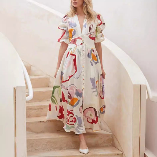 Women’s Maxi Dress – Natural Fibers – Relaxed Fit – Balloon Sleeves – Button Front