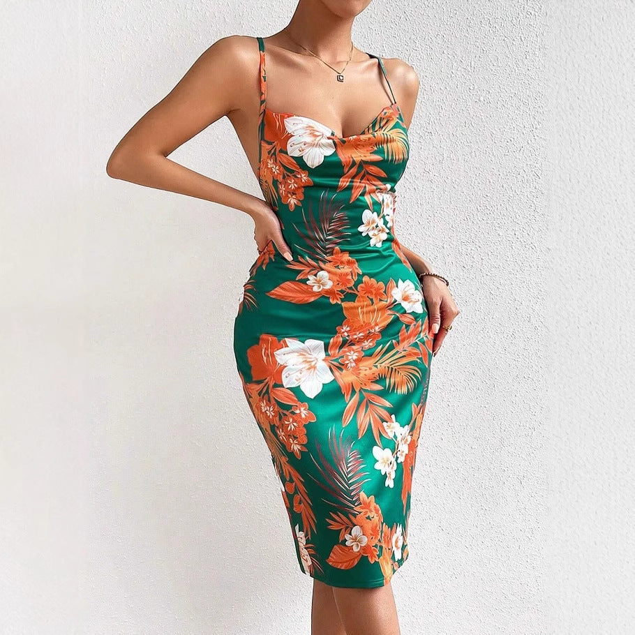 Women’s Midi Dress – Fitted Silhouette – Spaghetti Straps – Scoop Neck – Floral Print