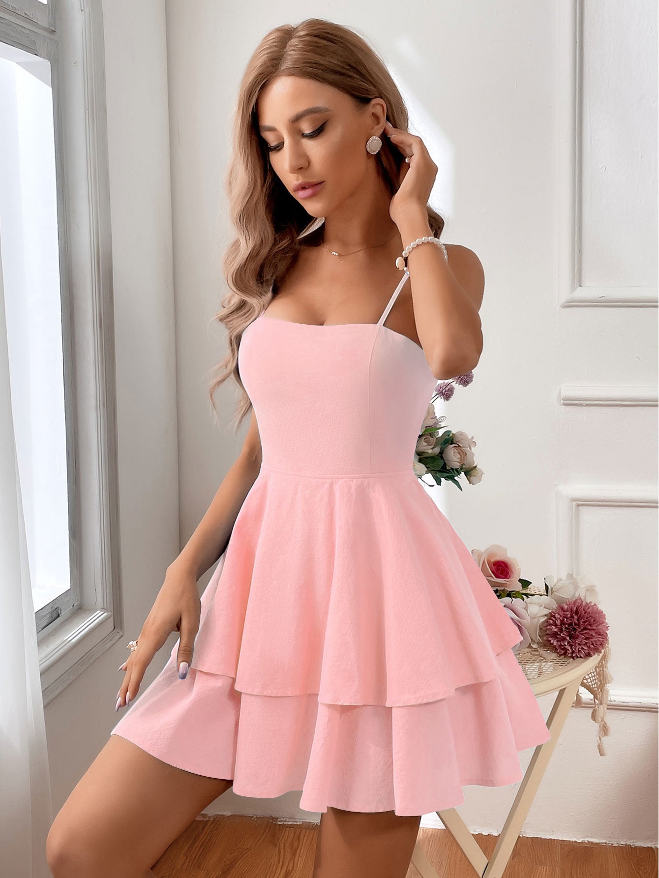 Women’s Sleeveless Mini Dress – Fitted Bodice – Tiered A-Line Skirt – Backless Strappy