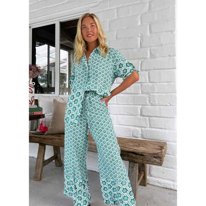 Women’s Shirt and Trousers Set – Cotton Blend – Relaxed Fit – Geometric Print – Short Sleeve