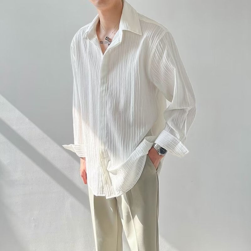 Unisex Long Sleeve Shirt – Crinkle Textured Fabric – Oversized Fit – Button Down Casual