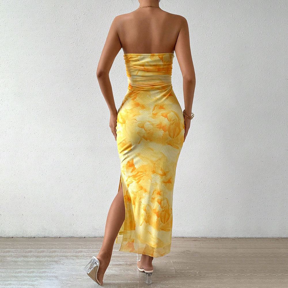 Women’s Maxi Dress – Strapless Slim Fit – Mesh Overlay – Side Slit Evening Wear