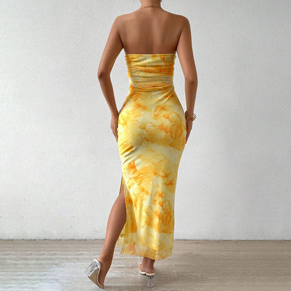 Women’s Maxi Dress – Strapless Slim Fit – Mesh Overlay – Side Slit Evening Wear