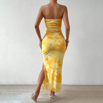 Women’s Maxi Dress – Strapless Slim Fit – Mesh Overlay – Side Slit Evening Wear