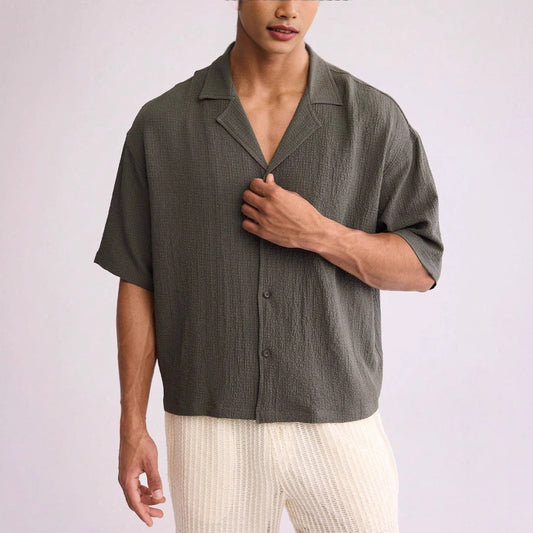Men’s Short Sleeve Shirt – Relaxed Fit – Textured Woven – Button Down Casual Wear