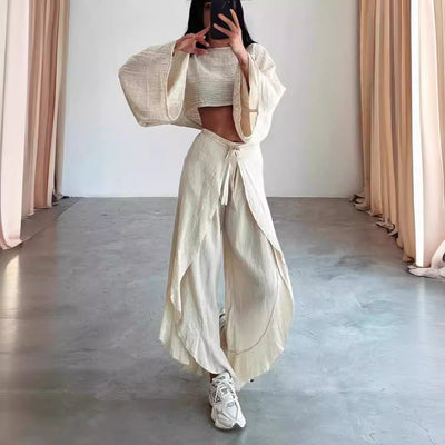 Women’s Two-Piece Set – Linen Blend – Cropped Top – Wide-Leg Trousers – Relaxed Fit