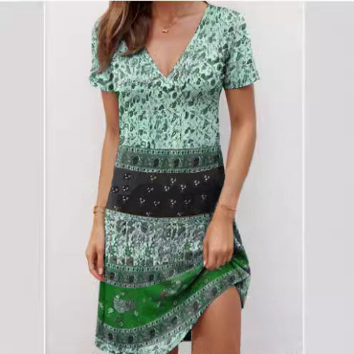 Women’s Mini Dress – Boho Patchwork – Relaxed Fit – Deep V-Neck – Cotton