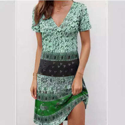 Women’s Mini Dress – Boho Patchwork – Relaxed Fit – Deep V-Neck – Cotton