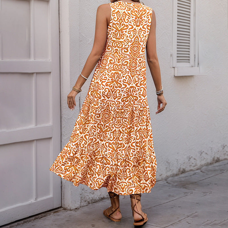 Women’s Midi Dress – Sleeveless V-Neck – Abstract Print – Tiered A-Line