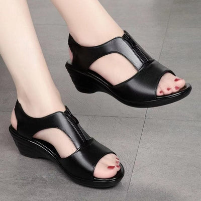 Women’s Wedge Sandals – Faux Leather – Open Toe – Zipper Front – Cut-Out Design