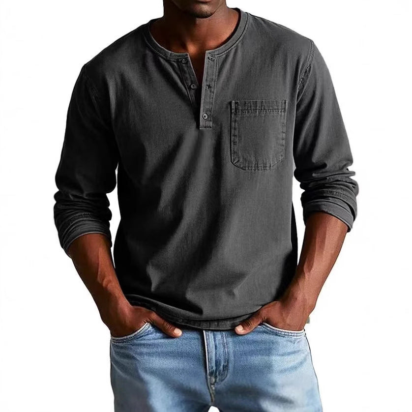 Men’s Long Sleeve T-Shirt – Slim Fit – Breathable Blend – Button Neck with Pocket
