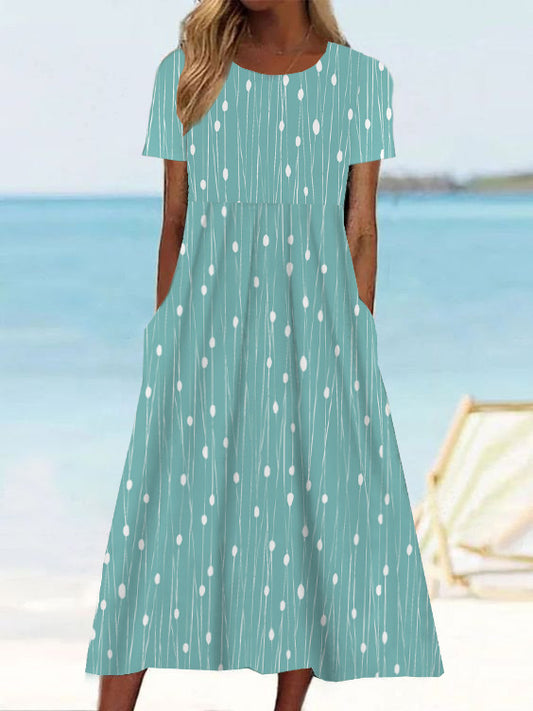 Women's Summer Midi Dress - Short Sleeve - Polka Dot Pattern
