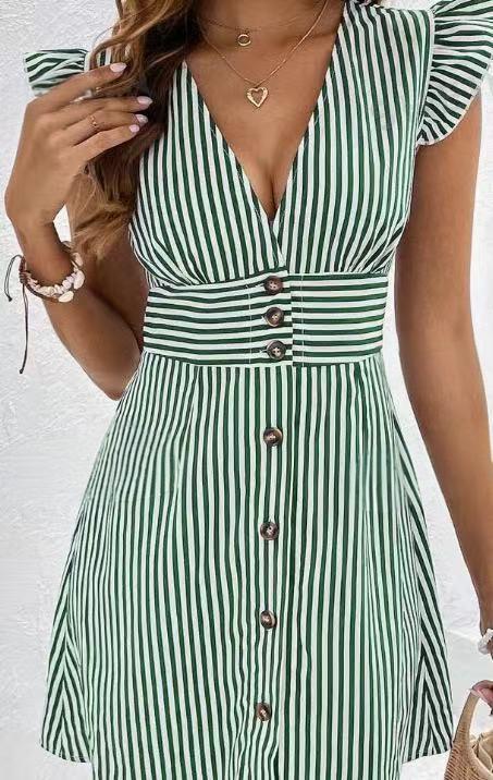 Women’s Dress – V-Neck A-Line – Ruffle Cap Sleeves – Button Front – Striped Cotton Blend