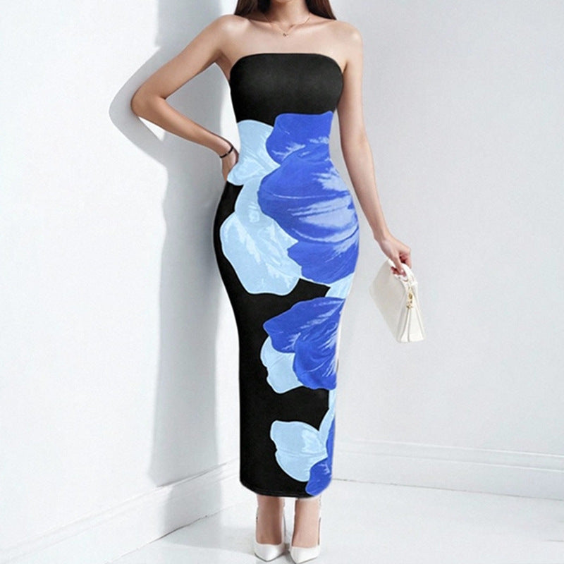 Women’s Strapless Dress – Slim Fit – Full Length – Bold Floral Print – Evening Wear