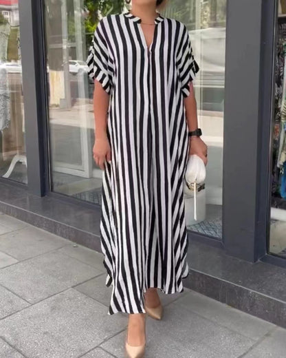 Women's Side Slit Dress - Short Sleeved - Vertical Striped Design