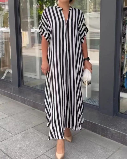 Women's Side Slit Dress - Short Sleeved - Vertical Striped Design