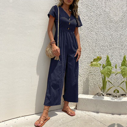 Women’s Jumpsuit – Wide Leg – Button Front – Relaxed Fit – Short Sleeve