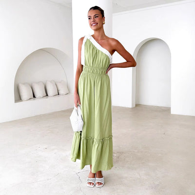 Women’s One-Shoulder Dress – Cotton Blend – A-Line Fit – Midi Length – Ruffle Hem